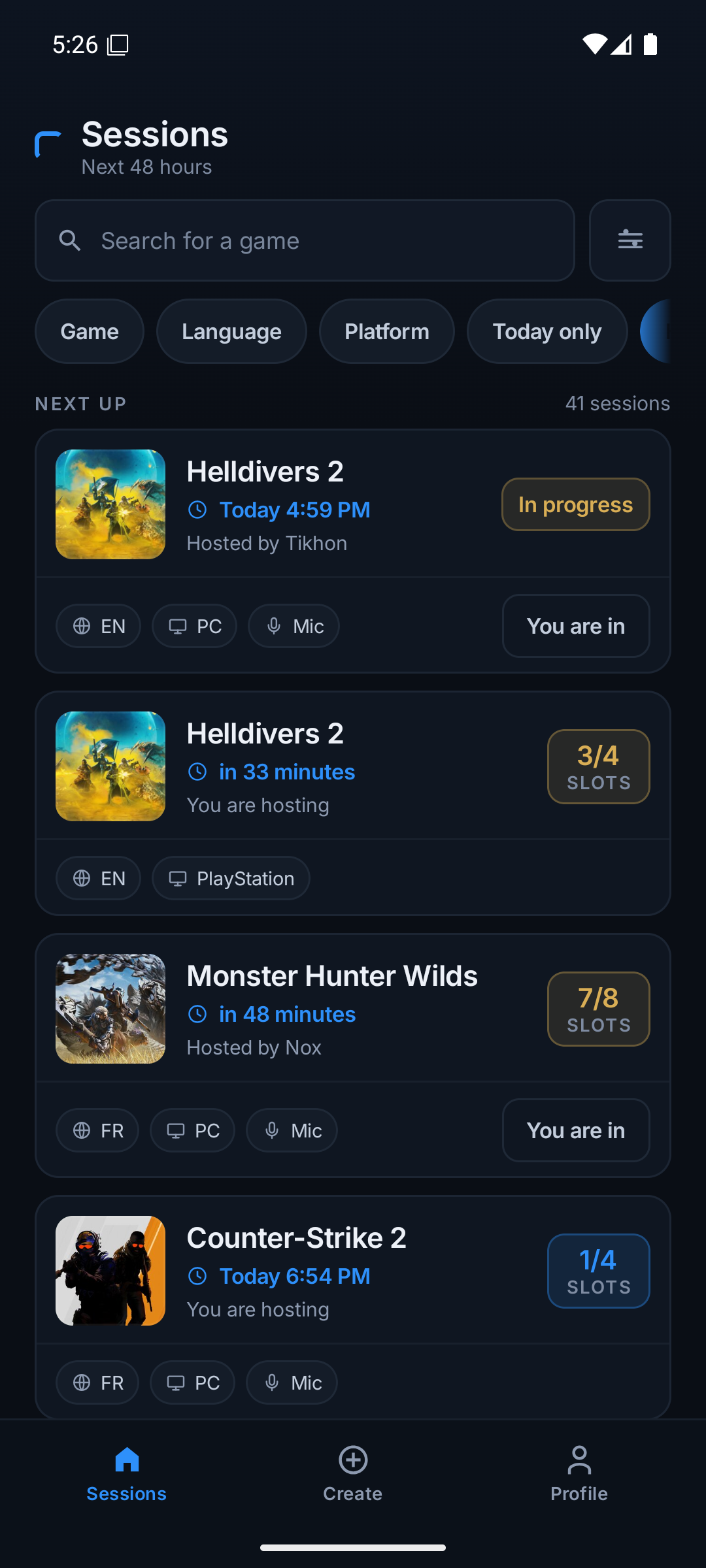 LOBBY session list on Android